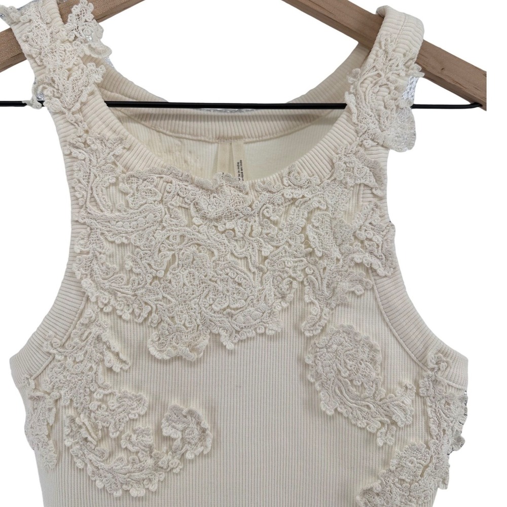 Anthropologie Lace Applique Ribbed Tank Top Cream Ivory High Neck XS Slim Fit - Picture 3 of 10